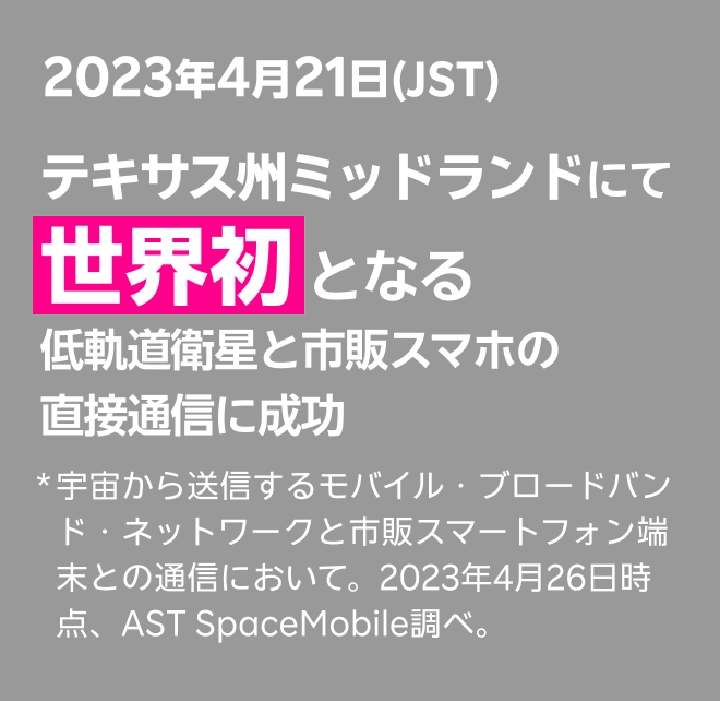 2023年4月21日(JST) テキサス州ミッドランドにて世界初となる低軌道衛星と市販スマホの直接通信に成功 *宇宙から送信するモバイル・ブロードバンド・ネットワークと市販スマートフォン端末との通信において。2023年4月26日時点、AST SpaceMobile調べ。